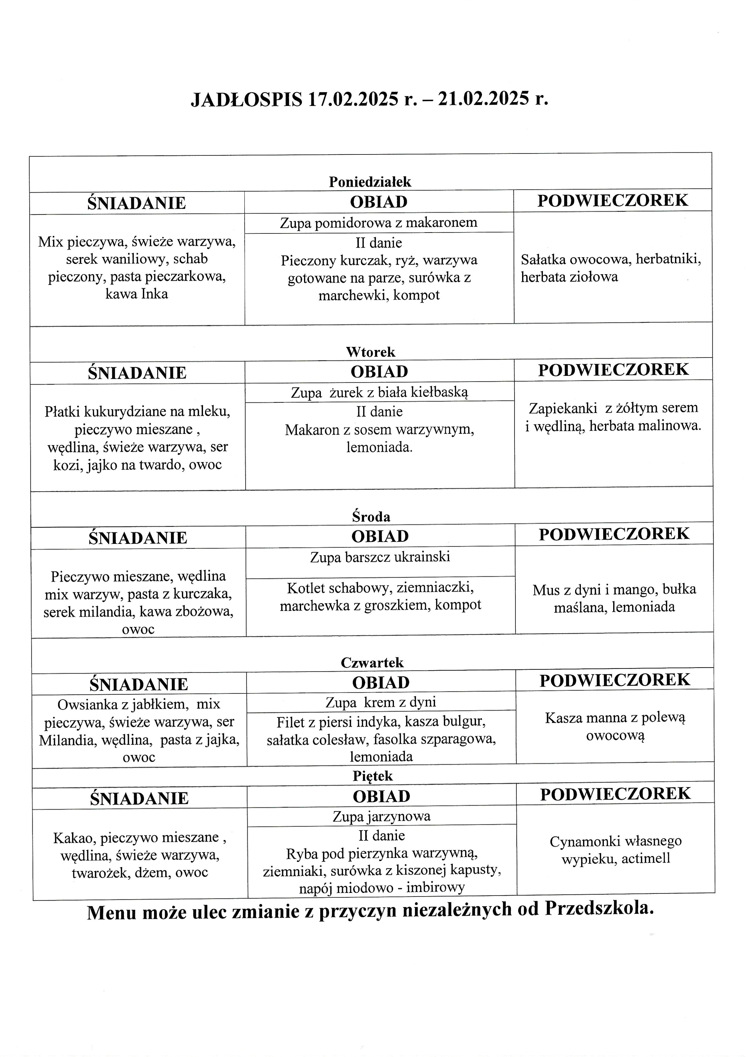 jadłospis 17.02-21.02.2025