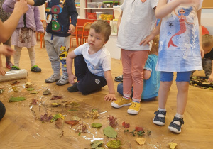 Dzieci tworzą jesienną kompozycję na folii
